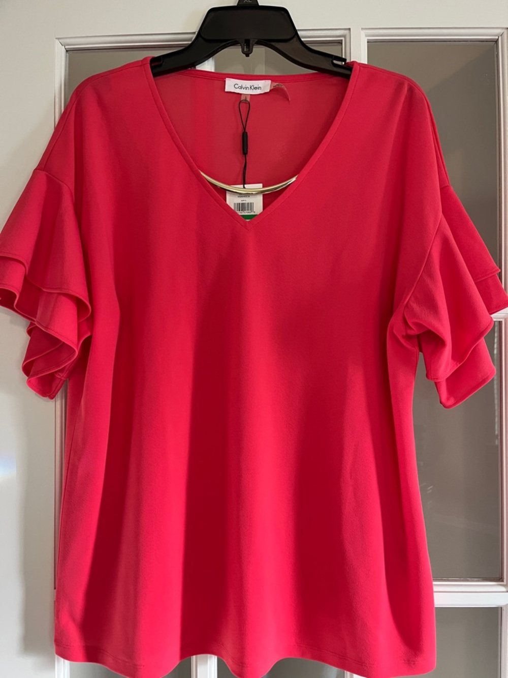 Calvin Klein Bright Pink V-Neck Short Sleeve Ruffle Top